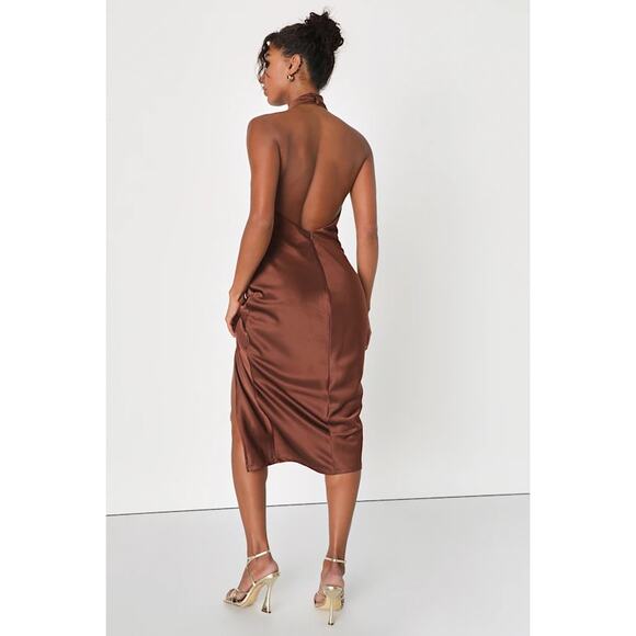 Lulus Beyond Classy Brown Satin Halter Midi Dress Backless Slit SM NWT - Picture 2 of 8